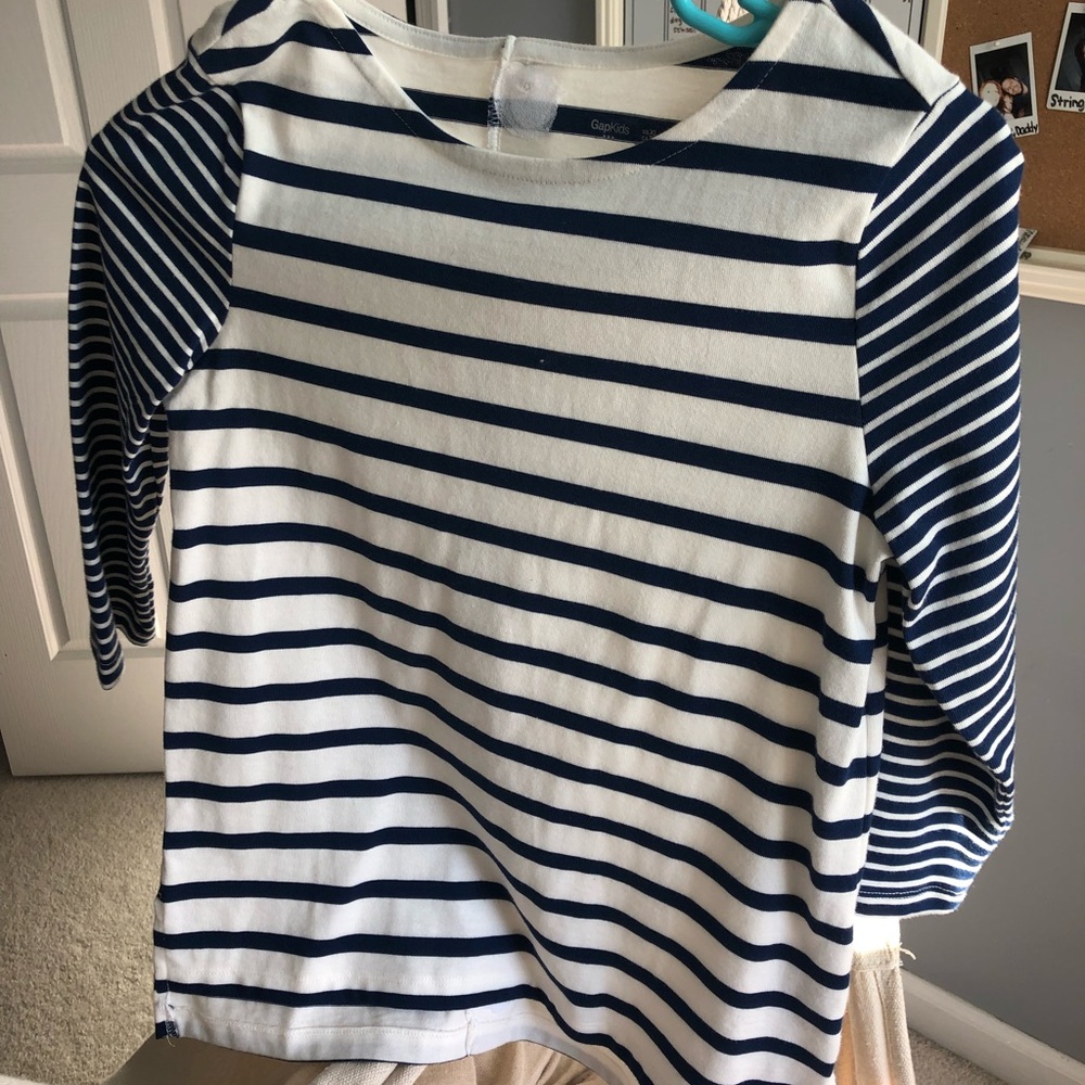 long sleeve navy blue and white striped shirt